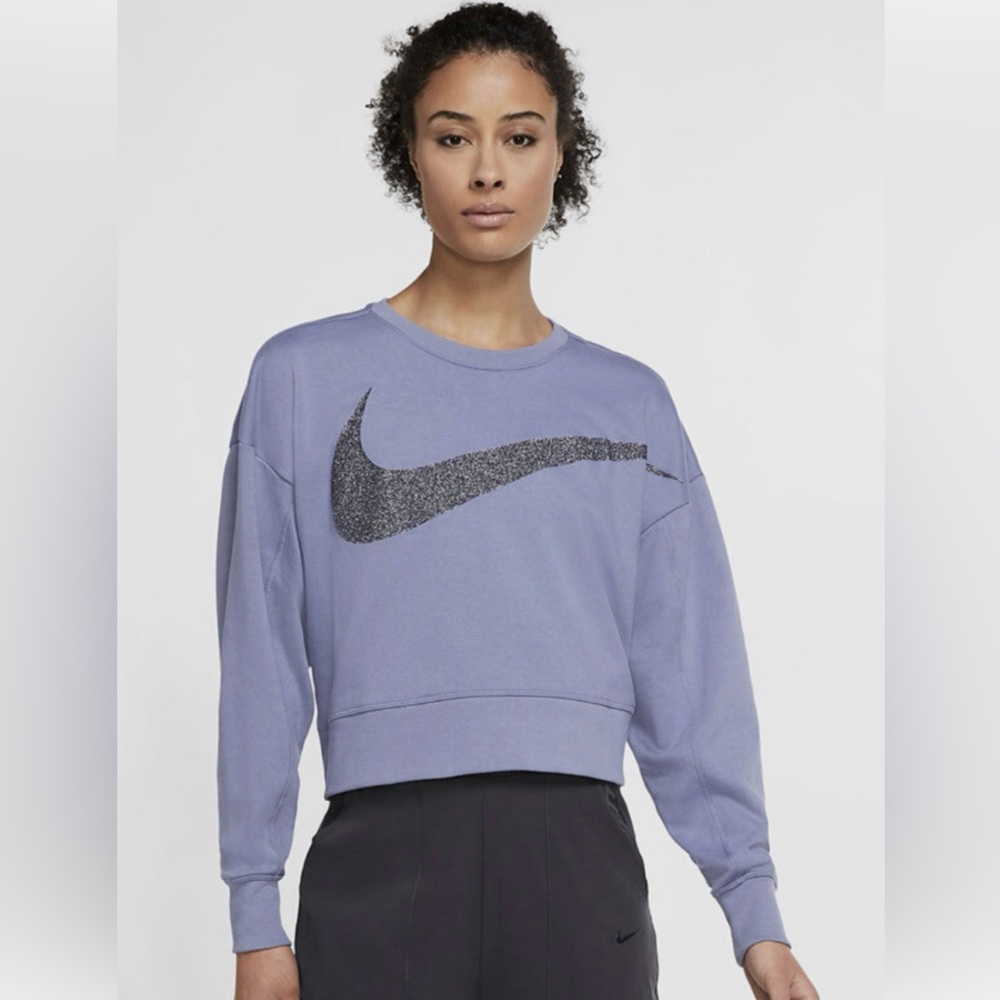 Nike Women's Dri-FIT Fleece Sparkle Logo Top Pullover Oversized Blue Size S